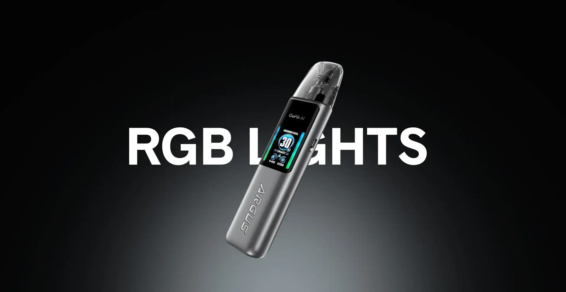 VOOPOO ARGUS G2 產品特色橫幅。深色背景凸顯 "RGB LIGHTS" 特效文字,展示機身 0.96 吋 TFT 彩色螢幕的炫彩 UI 介面與互動燈效。
