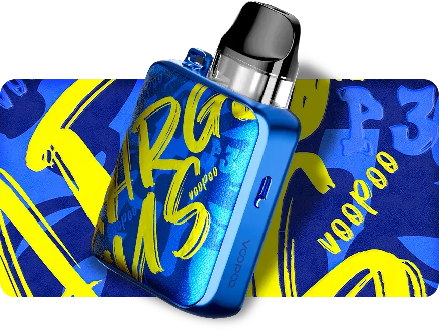 台灣電子煙「主機/煙桿」分類形象圖,展示 VOOPOO Argus P1 藍色塗鴉款小煙主機。代表商城匯聚 RELX、OXVA 等全球頂尖品牌的高性能換彈式設備。