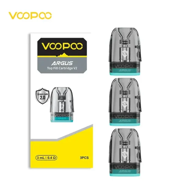 ARGUS V2 頂部注油煙彈 (0.4Ω / 3mL) VOOPOO ARGUS Top Fill Cartridge V2 阿格斯頂部注油煙彈主圖。展示 3mL 大容量空煙彈與包裝,規格為 0.4Ω (歐姆),搭載 iCOSM CODE 2.0 技術,適用於 Argus G2/P2 等主機。