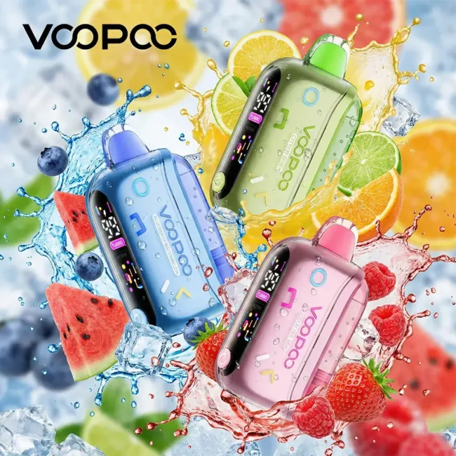 VOOPOO REPOP 35K 主機 - 35000口旗艦 & 智能雙模彩屏 VOOPOO REPOP 35K 一次性電子煙主圖。展示其時尚外觀與透明 Crystal Tank 水晶油倉設計。核心賣點包括 35000 口超長續航、標準/強勁雙模式切換系統,以及可顯示電量與油量的智能 LED 顯示屏。Mesh 網狀線圈帶來濃郁口感。