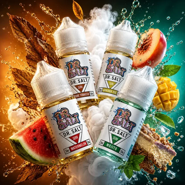 Dr.SALT 鹽博士一代 30ml 小煙丁鹽主圖 Dr.SALT 鹽博士一代 30ml 主圖,展示 Pure Tobacco、Banana Pie、Watermelon、Mojito 口味瓶身,搭配菸草葉、水蜜桃、芒果、西瓜、薄荷、水花與煙霧背景