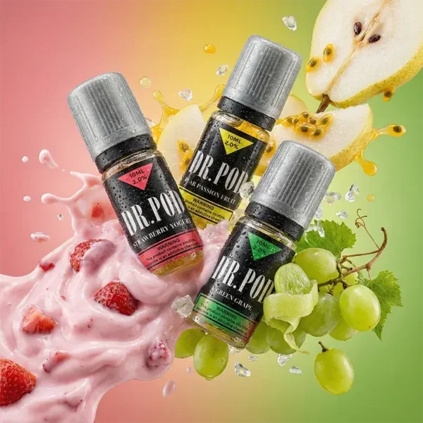 Dr.SALT 鹽博士三代 DR.POD - 10mL*3 (拍一發三) LBS技術主圖 Dr.SALT 鹽博士三代 (DR.POD) 系列尼古丁鹽煙油主圖。畫面展示 3 瓶 10mL 小包裝煙油(拍一發三組合),包含鐵觀音、青提與草莓優酸乳口味瓶身。包裝上印有 "LBS 技術" 與 "DR.POD" 標識。