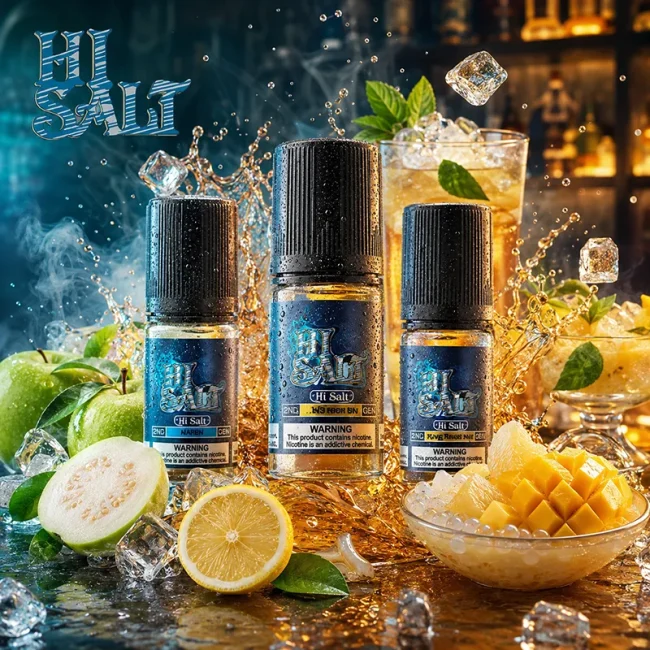 Dr.SALT 鹽博士二代 Hi Salt 35mg 30ml 主圖 Dr.SALT 鹽博士二代 Hi Salt 35mg 30ml 主圖,展示三瓶 Hi Salt 菸油,搭配芭樂、檸檬、楊枝甘露、冰塊、氣泡、水花與飲品背景