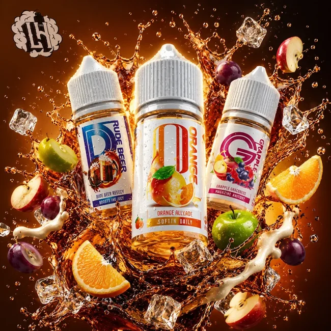 LH VAPEMY 酷涼鹽 35mg 30ml 馬來西亞菸油主圖 LH VAPEMY 酷涼鹽馬來西亞菸油 35mg 30ml 主圖,展示沙士、橙子、葡萄蘋果風味瓶身,搭配橙子、蘋果、葡萄、冰塊、水花與氣泡飲品背景