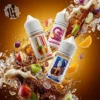 LH VAPEMY 馬來西亞煙油 - 經典麥根沙士 (Rude Beer) 與水果系列主圖 LH VAPEMY 馬來西亞系列尼古丁鹽煙油主圖。展示三款熱銷口味瓶身:Rude Beer (麥根沙士)、Grapple (葡萄蘋果) 與 Orange (鮮橙)。背景為棕色麥根沙士氣泡與冰塊爆炸特效,伴隨蘋果、葡萄與柳橙切片,強調馬來油的濃郁風格。