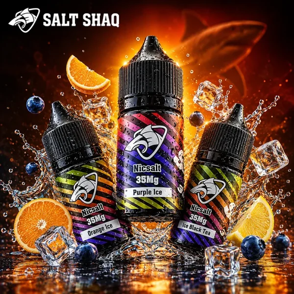 SALT SHAQ 彩鯊系列 35mg 尼古丁鹽主圖 SALT SHAQ 彩鯊系列 35mg 尼古丁鹽 Purple Ice、Orange Ice 與 Ice Black Tea 口味包裝主圖