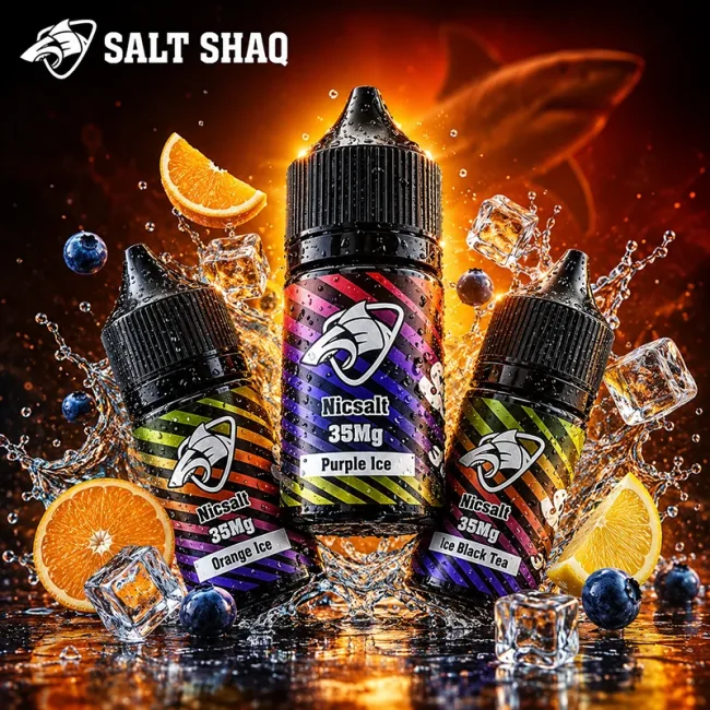 SALT SHAQ 彩鯊系列 35mg 尼古丁鹽主圖 SALT SHAQ 彩鯊系列 35mg 尼古丁鹽 Purple Ice、Orange Ice 與 Ice Black Tea 口味包裝主圖