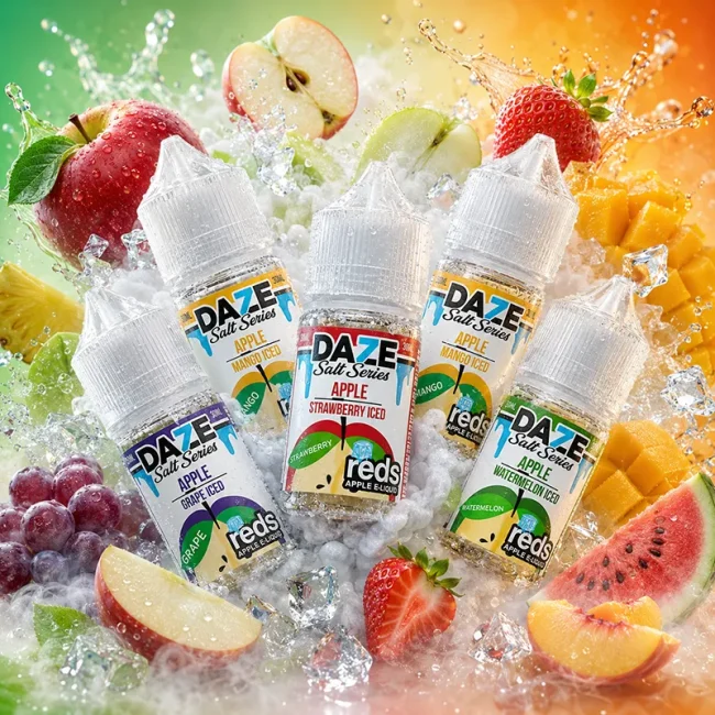 7 Daze Selfie Sunday 30mg Salt Series E-Liquid 7 Daze 自拍星期天 30mg 尼古丁鹽煙油主圖,展示五款果汁口味瓶身,搭配冰塊與蘋果、草莓、芒果、哈密瓜、葡萄等新鮮水果,呈現清涼冰沙果香效果,適合小煙設備使用。