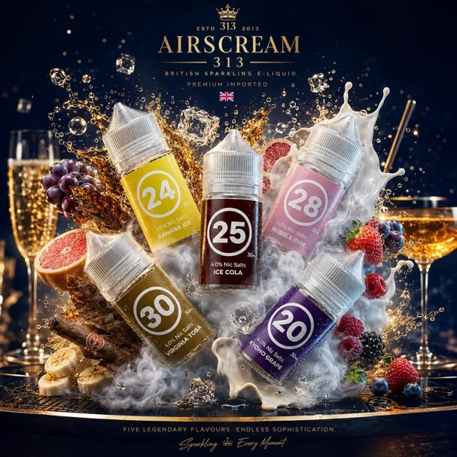 AIRSCREAM 313 氣泡煙油 40mg 主圖，展示 Ice Cola、Grape、Bubble Gum、Banana Ice 與 Virginia Tobacco 風味瓶身，搭配水果、冰塊、氣泡與煙霧背景