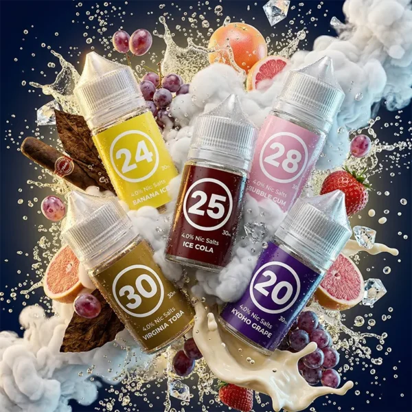 AIRSCREAM 313 氣泡煙油 - 40mg 異國特調水果丁鹽 30ml AIRSCREAM 313 英國氣泡煙油 30ml 尼古丁鹽主圖。畫面展示五款帶有數字標籤的煙油瓶,清晰標示 4.0% Nic Salts。周圍環繞著飛濺的氣泡飲料、絲滑的乳白色液體、冰塊與濃郁白霧。背景點綴著雪茄菸葉、新鮮葡萄、草莓與葡萄柚,完美呈現其 40mg 丁鹽的異國特調與豐富水果混搭風味。專為小煙設備優化。