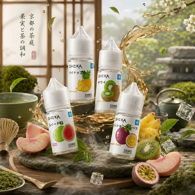 日本 Arashika 煙油 35mg 日系果香主圖 日本 Arashika 煙油 35mg 主圖,展示鳳梨、奇異果、甜番石榴與百香果風味瓶身,搭配日式茶庭、茶具、水果與冰塊背景