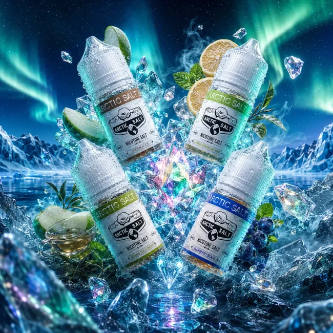 ARCTIC SALT 北極鹽煙油主圖，展示椰青、檸檬、青蘋檸檬與藍莓風味瓶身，搭配北極光、冰晶、檸檬、藍莓與茶葉背景