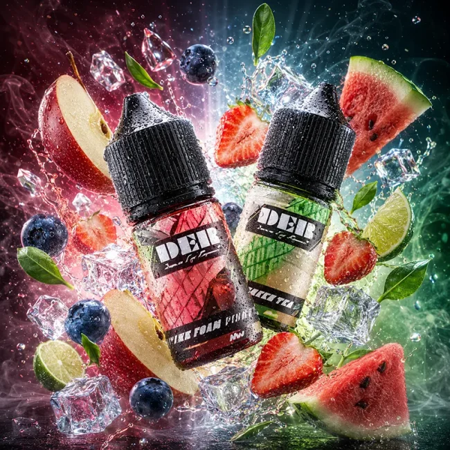 DER 美國煙油水果冰感系列主圖 DER 美國煙油 30ml 主圖,展示水果冰感風味瓶身,搭配西瓜、草莓、蘋果、藍莓、萊姆、冰塊、水花與煙霧背景
