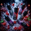 DEVIL FRUIT 惡魔之吻煙油樹莓冰爽主圖 DEVIL FRUIT 惡魔之吻煙油主圖,展示樹莓、白桃、葡萄、芒果與莓果風味瓶身,搭配紅樹莓、冰晶、煙霧與深色蠟封背景
