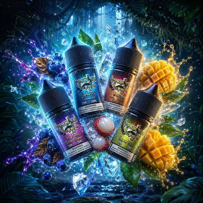Dreamland Jungle 叢林幻境煙油 30mg 多口味主圖 Dreamland Jungle 叢林幻境煙油 30mg 主圖,展示藍莓荔枝葡萄、藍莓菸草、芒果荔枝果園與檸檬薄荷風味瓶身,搭配藍莓、荔枝、芒果、冰塊與叢林背景