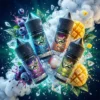 Dreamland Jungle 叢林幻境煙油 - 鹽博士 30mg 魔幻果香丁鹽 鹽博士出品 Dreamland Jungle 叢林幻境 30ml 尼古丁鹽煙油主圖。四款帶有魔幻字體標籤的黑色針管瓶懸浮於深藍色神秘背景中。周圍環繞著新鮮飽滿的藍莓、切花芒果、去殼荔枝、晶瑩冰塊與綿密白霧,視覺張力極強。強調其 30mg 順滑丁鹽技術與真實水果萃取的極致風味。專為小煙設備優化。