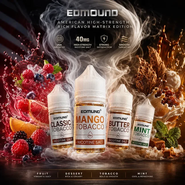 EDMOUND 40mg 尼古丁鹽煙油主圖 EDMOUND 歐姆煙油 40mg 尼古丁鹽 Classic、Mango、Butter 與 Mint 口味包裝主圖