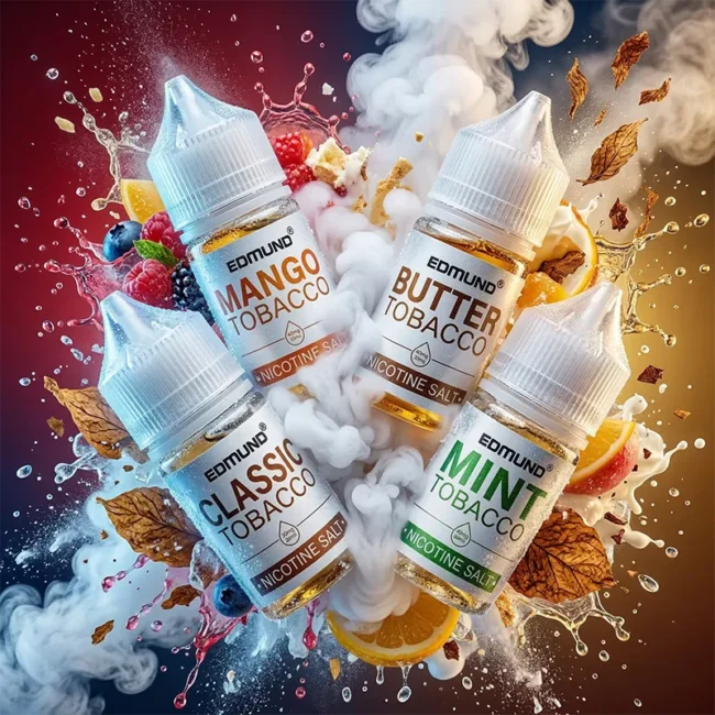 美國原裝 EDMOUND 歐姆煙油 (30ml) | 40mg 超高濃度丁鹽 美國原裝 EDMOUND 歐姆系列 – 40MG 超高濃度丁鹽煙油,菸草混合口味系列主圖展示。圖片詳細展示了四瓶 EDMOUND 煙油:芒果菸草,經典菸草,黃油菸草和薄荷菸草。每一瓶都是 30ml 經典便攜裝,採用先进的尼古丁鹽萃取技術與黃金比例 40mg 濃度。圖片視覺風格高端大氣,充滿爆炸性的蒸汽、液體濺射、水果和烘焙配料,完美呼應產品對極致解癮與頂級口感的追求。