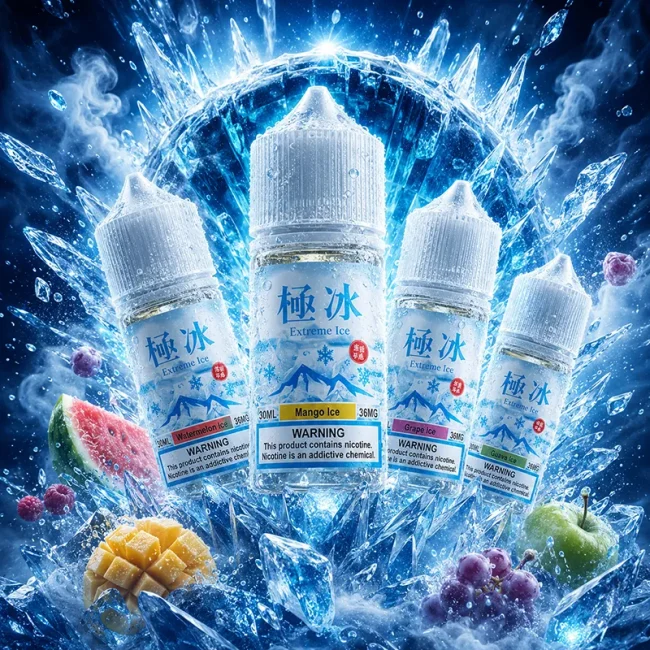 極冰超涼煙油 36mg 多口味主圖 極冰超涼煙油 36mg 30ml 主圖,展示芒果冰、西瓜冰、葡萄冰與芭樂冰風味瓶身,搭配冰晶、水果、煙霧與藍色極冰背景