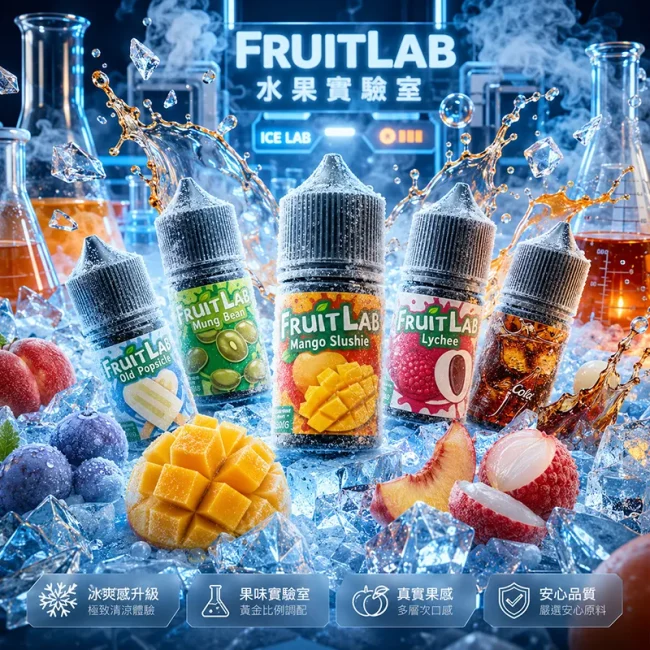 FruitLab 水果實驗室煙油 30mg 多口味主圖 FruitLab 水果實驗室煙油 30mg 主圖,展示老冰棍、芒果冰沙、荔枝、可樂與綠豆風味瓶身,搭配冰塊、水果與實驗室背景