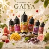 GAIYA 蓋亞煙油 35mg 多口味主圖 GAIYA 蓋亞煙油 35mg 30ml 主圖,展示西瓜、荔枝、芒果、可樂冰、葡萄與芭樂風味瓶身,搭配水果、煙霧、葉片與果園背景