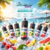 HOLIDAY SALT 假日鹽煙油 35mg 多口味主圖 HOLIDAY SALT 假日鹽煙油 35mg 30ml 主圖,展示莓果、蘆薈、鳳梨、荔枝與西瓜風味瓶身,搭配海島、冰塊與熱帶水果背景