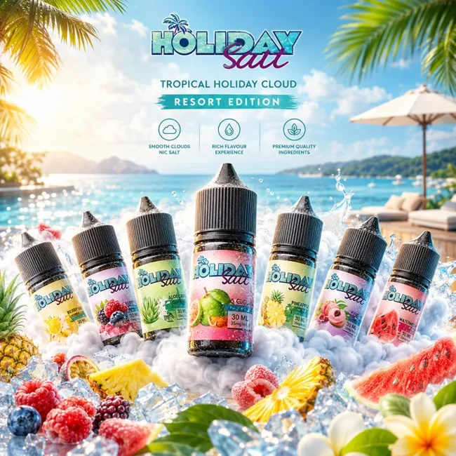 HOLIDAY SALT 假日鹽煙油 35mg 多口味主圖 HOLIDAY SALT 假日鹽煙油 35mg 30ml 主圖,展示莓果、蘆薈、鳳梨、荔枝與西瓜風味瓶身,搭配海島、冰塊與熱帶水果背景