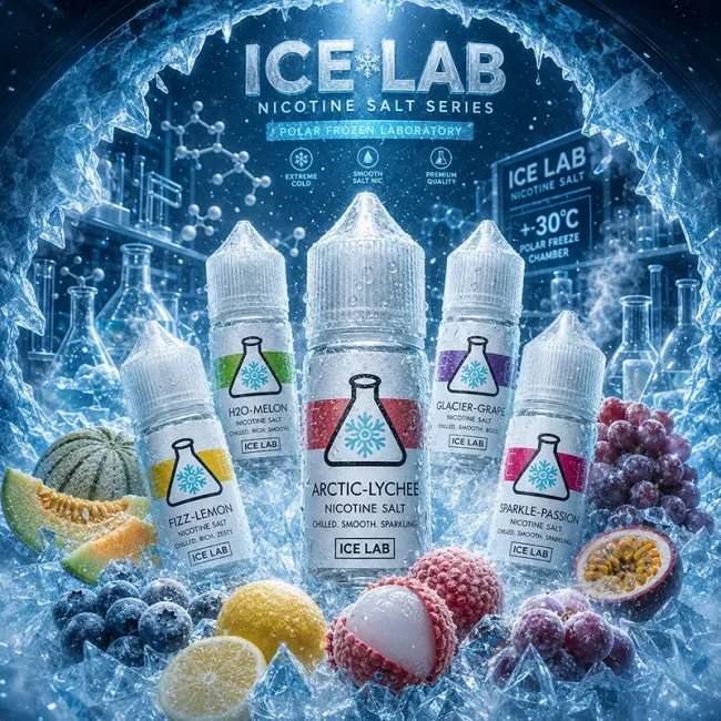 ICE LAB 冰凍實驗室煙油 36mg 多口味主圖 ICE LAB 冰凍實驗室煙油 36mg 主圖,展示檸檬、蜜瓜、荔枝、葡萄與百香果風味瓶身,搭配冰塊、冷凍水果與實驗室背景