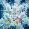 ICE LAB 冰凍實驗室煙油 - 36mg 實驗室級強力涼感鮮果 ICE LAB 冰凍實驗室 30ml 尼古丁鹽煙油主圖。畫面展示帶有雪花燒瓶標誌的高階瓶身,環繞著飛濺的冰晶碎冰、實驗室玻璃燒杯、分子結構模型、白色濃郁冷煙霧,以及藍莓、檸檬、荔枝、蜜瓜與葡萄等新鮮水果視覺,強調實驗室級精準調配的 36mg 高純度丁鹽,帶來持久不散的強力涼感與極致果香。