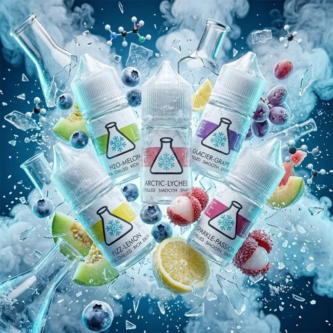 ICE LAB 冰凍實驗室煙油 - 36mg 實驗室級強力涼感鮮果 ICE LAB 冰凍實驗室 30ml 尼古丁鹽煙油主圖。畫面展示帶有雪花燒瓶標誌的高階瓶身,環繞著飛濺的冰晶碎冰、實驗室玻璃燒杯、分子結構模型、白色濃郁冷煙霧,以及藍莓、檸檬、荔枝、蜜瓜與葡萄等新鮮水果視覺,強調實驗室級精準調配的 36mg 高純度丁鹽,帶來持久不散的強力涼感與極致果香。