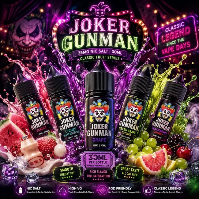 JOKER GUNMAN 小丑鹽煙油 35mg 多口味主圖 JOKER GUNMAN 小丑鹽煙油 35mg 30ml 主圖,展示葡萄、養樂多、西瓜荔枝、青提荔枝與黑莓櫻桃風味瓶身,搭配水果與霓虹背景