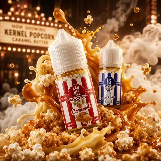 Kernel Popcorn 爆米花煙油 38mg 焦糖奶油主圖 Kernel Popcorn 爆米花煙油 38mg 主圖,展示焦糖與甜鹹爆米花風味瓶身,搭配爆米花、焦糖醬、奶油醬與電影院背景