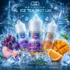 LANA 拉娜煙油 30mg 極冰茶飲水果主圖 LANA 拉娜煙油 30mg 30ml 主圖,展示 Ice Grape、Passion Fruit、Ice Orange 風味瓶身,搭配葡萄、水蜜桃、芒果、橙片、冰塊、煙霧與冰藍實驗室背景