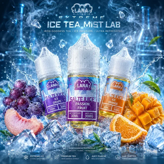 LANA 拉娜煙油 30mg 極冰茶飲水果主圖 LANA 拉娜煙油 30mg 30ml 主圖,展示 Ice Grape、Passion Fruit、Ice Orange 風味瓶身,搭配葡萄、水蜜桃、芒果、橙片、冰塊、煙霧與冰藍實驗室背景