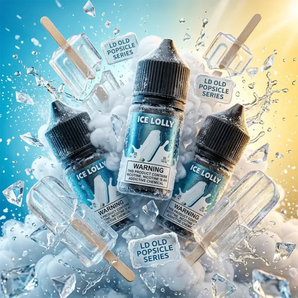 LD 老冰棍煙油 - 經典懷舊清涼丁鹽 30ml LD 品牌老冰棍 (老冰棍) 尼古丁鹽煙油瓶身特寫主圖。畫面上展示多瓶 LD 老冰棍小煙油,瓶身標籤清晰印有 'LD OLD POPSICLE NIC SALT'、'ICE LLLY' 字樣與雪糕插圖。背景為充滿神秘感的藍色冰晶實驗室場景,帶有 scientific 玻璃瓶與雪糕圖案裝飾,並有 'OLD POPSICLE LAB' 與 'Nicotine Salt Vape Juice' 標示。強調其 30ml/35mg 的溫潤丁鹽配方與經典懷舊的清涼口感。