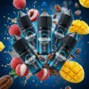 藍帽 Milkman - 美國原裝 35mg 純淨風味系列 美國藍帽 Milkman 煙油主圖,展示 30ml 35mg 咖啡、荔枝與芒果等多種口味,瓶身環繞著新鮮水果與咖啡豆。專為小煙設備設計的日常口糧
