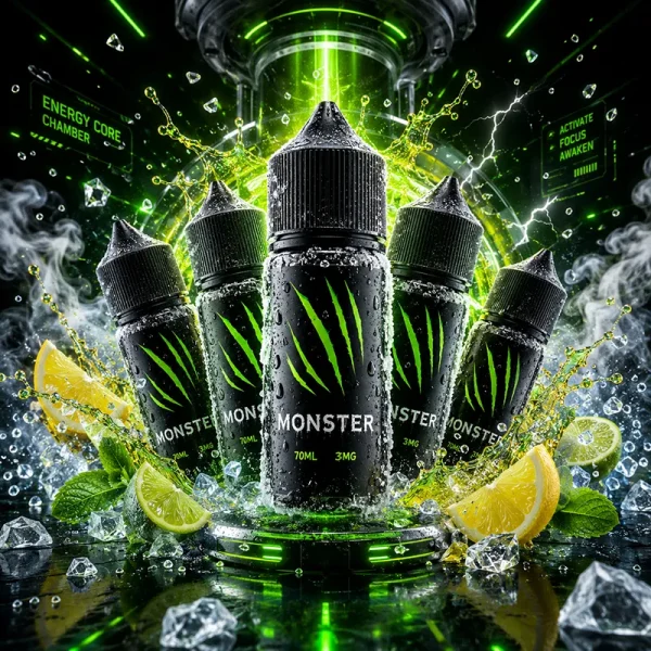 MONSTER 魔爪煙油 35mg 能量飲料風味主圖 MONSTER 魔爪煙油 35mg 30ml 主圖,展示能量飲料風味瓶身,搭配檸檬、萊姆、薄荷、冰塊、水花與黑綠色科技背景