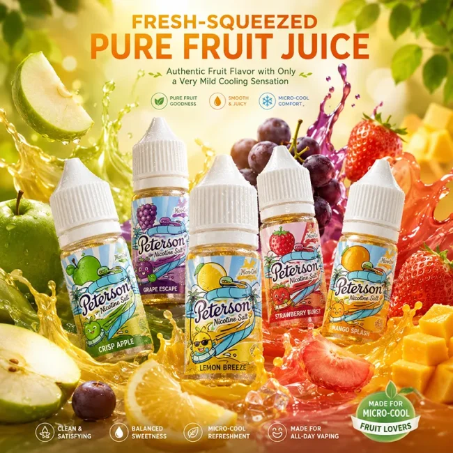 PETERSON 彼德森煙油 36mg 果香系列主圖 PETERSON 彼德森煙油 36mg 主圖,展示蘋果、葡萄、檸檬、草莓與芒果風味瓶身,搭配新鮮水果與果汁飛濺背景