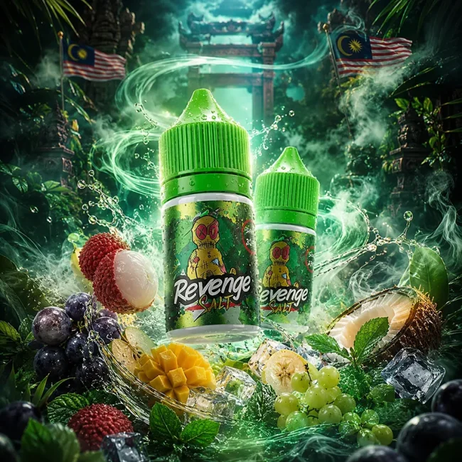Revenge VOODOO 巫毒小綠人 35mg 馬來西亞丁鹽主圖 Revenge VOODOO 巫毒小綠人菸油 35mg 30ml 主圖,展示綠色瓶身與巫毒娃娃標籤,搭配荔枝、葡萄、芒果、椰子、薄荷葉、冰塊、水花與馬來西亞叢林背景