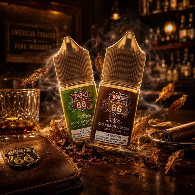 ROUTE 66 公路煙油 40mg 菸草茶飲主圖 ROUTE 66 公路煙油 40mg 30ml 主圖,展示芒果茉莉茶與冰桃烏龍風味瓶身,搭配菸葉、威士忌杯、雪茄、煙霧與復古酒吧背景