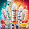 SALT LANGUAGE 40mg Salt Series E-Liquid SALT LANGUAGE 鹽語煙油 30ml 主圖,展示五款果香與飲品口味瓶身,搭配冰塊與檸檬、葡萄、蘋果、藍莓、西瓜等水果,清新果香層次分明,適合小煙設備使用。
