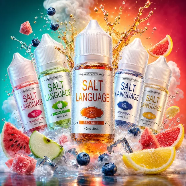 SALT LANGUAGE 40mg Salt Series E-Liquid SALT LANGUAGE 鹽語煙油 30ml 主圖,展示五款果香與飲品口味瓶身,搭配冰塊與檸檬、葡萄、蘋果、藍莓、西瓜等水果,清新果香層次分明,適合小煙設備使用。