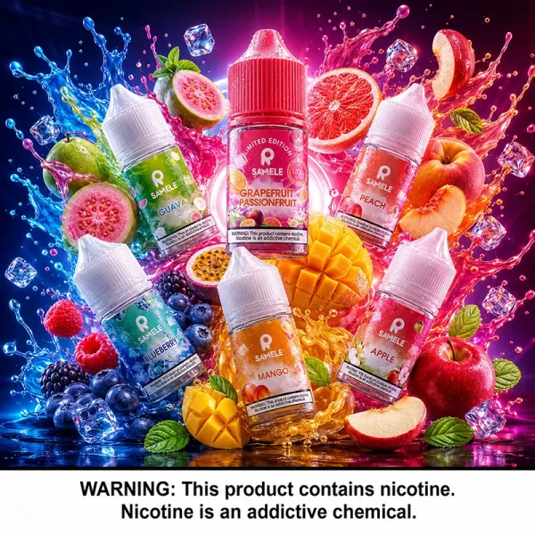 SAMELE 冰釀煙油 30ml 冰感水果主圖 SAMELE 冰釀煙油 30ml 主圖,展示芭樂、葡萄柚百香果、蜜桃、藍莓、芒果與蘋果風味瓶身,搭配水果、水花、冰塊與彩色冰感背景