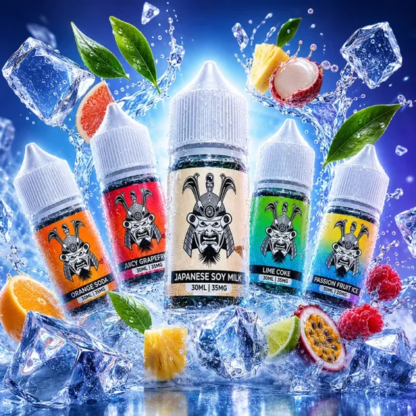 SAMURAI 將軍煙油 35mg 多口味主圖 SAMURAI 將軍煙油 35mg 30ml 主圖,展示橙子汽水、西柚、豆乳、萊姆可樂與百香果冰風味瓶身,搭配冰塊、水果與清涼水花背景