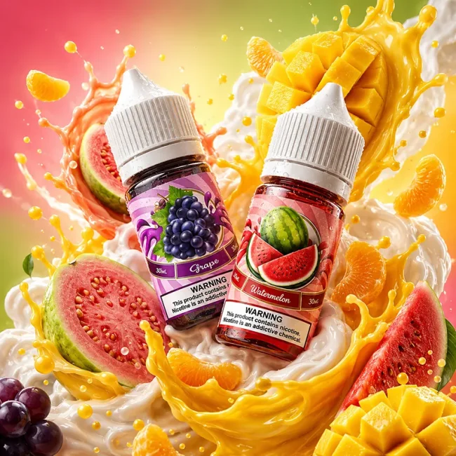 Sifu Salt 鹽大師煙油 35mg 無涼水果主圖 Sifu Salt 鹽大師煙油 35mg 30ml 主圖,展示葡萄與西瓜風味瓶身,搭配芒果、西瓜、芭樂、葡萄、橘子、果汁飛濺與奶白背景
