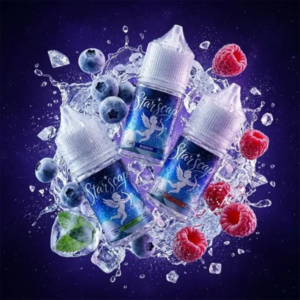 星空鹽 STAR SCAPE - 勁涼藍莓覆盆子 (38mg) 星空鹽 STAR SCAPE 38mg 尼古丁鹽煙油,藍莓與覆盆子混合口味,周圍環繞著勁涼冰塊、水花與新鮮果實。專為小煙主機設計的 30ml 包裝。