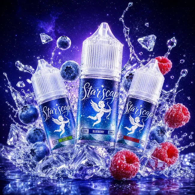 Star Scape 星空鹽菸油莓果冰感主圖 Star Scape 星空鹽菸油主圖,展示藍莓、莓果冰與覆盆莓風味瓶身,搭配藍莓、覆盆莓、冰塊、水花與星空背景
