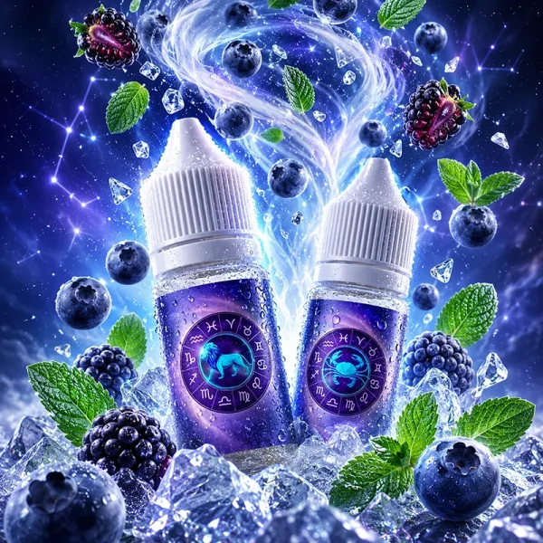 StarSign 12 星座煙油 0mg 零尼古丁水果主圖 StarSign 12 星座煙油 0mg 30ml 主圖,展示星座主題瓶身,搭配藍莓、黑莓、薄荷葉、冰塊、星空與星座背景