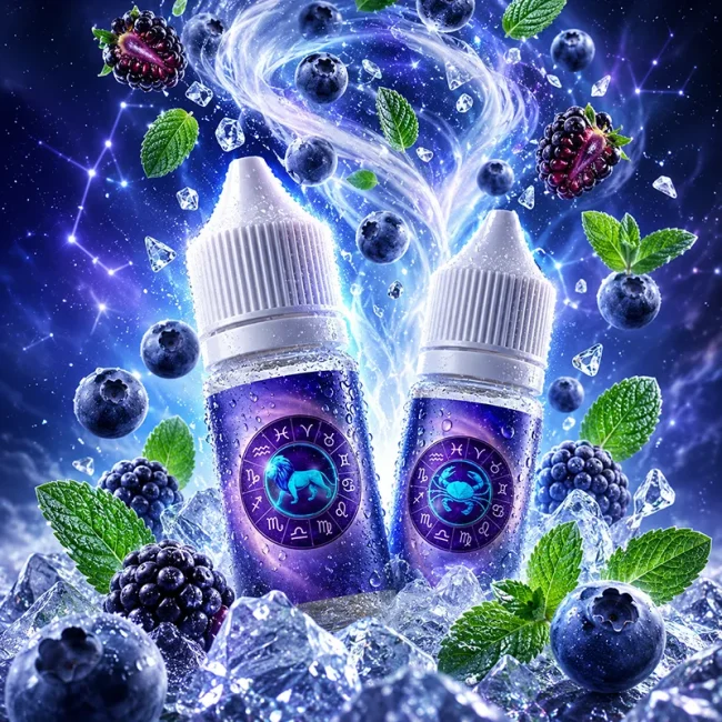 StarSign 12 星座煙油 0mg 零尼古丁水果主圖 StarSign 12 星座煙油 0mg 30ml 主圖,展示星座主題瓶身,搭配藍莓、黑莓、薄荷葉、冰塊、星空與星座背景