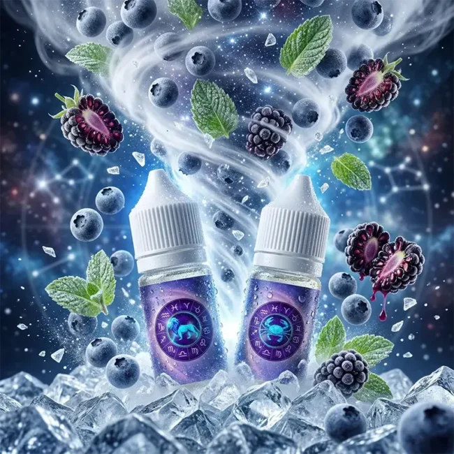StarSign 12 星座系列 - 0mg 極冰水果風味 StarSign 12 星座主題煙油主圖,展示獅子座與巨蟹座專屬瓶身,0mg 零尼古丁水果口味,周圍環繞著藍莓、黑莓、冰塊與薄荷葉。適合小煙主機的無負擔煙油